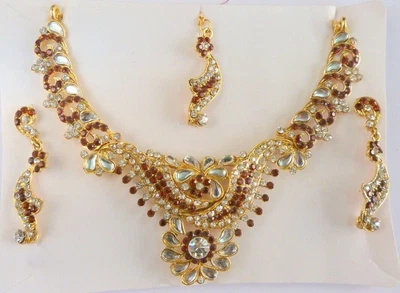 $15.85 • Buy Indian Ethnic Gold Brown Kundan Necklace Earrings Tikka Bollywood Jewelry Set