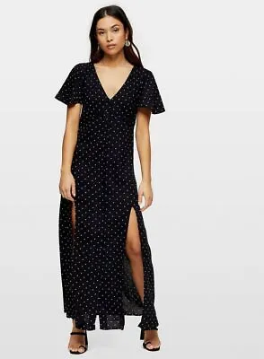 New Miss Selfridge Petite Black Spotted Button Detail Tea Maxi Dress Summer 12 • £26.25