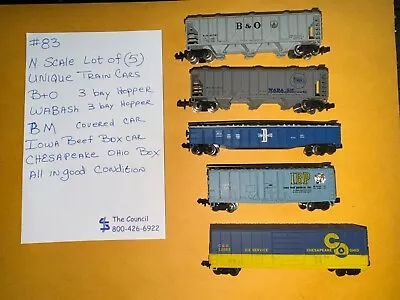 N Scale Lot Of (5)  Unique Train Cars B&o Wabash Bm Iowa Beef Chesapeake O  #83 • $20