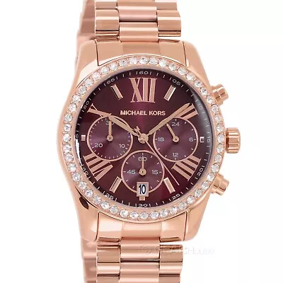 Michael Kors Womens Lexington Lux Glitz Watch Red Dial Crystals Rose Gold Band • $105.80