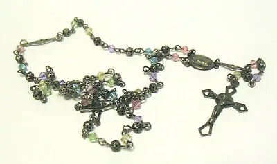 $125 • Buy Vintage Sterling Silver Mexican Rosary Multi Colored Crystal 22 Inches  12.2 Gms