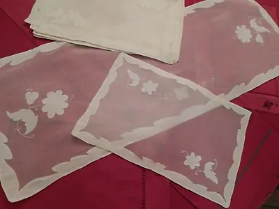 Vtg White Madeira Organdy Hand Embroidered Runner & 8 Placemats  Nos • $25