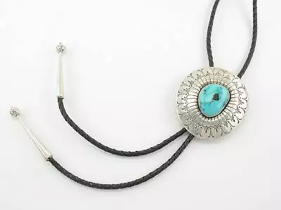 Vintage Native American Large Sterling Silver Blue Turquoise Stamped Bolo Tie • $493.07