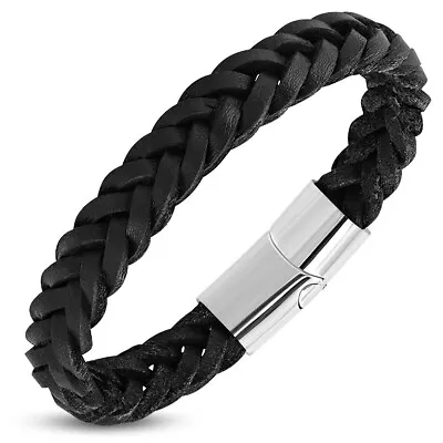 Stainless Steel Silver-Tone Black Leather Braided Wristband Bracelet 8.75  • $19.99