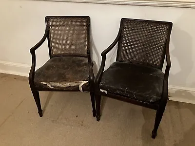 Pair Gillows Type Bergere Carver Chairs Squab Leather Type Cushions Distressed • £250