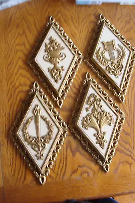 VTG Gold Homco 7225 Diamond Shape Hollywood Regency Floral Wall Plaques Set 4 • $9.50