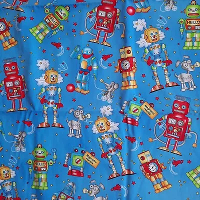 Robots Robots Robots Exclusively Quilters Large Robots On Blue Background • $20