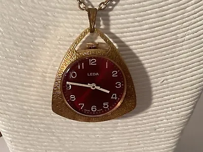 Leda Watch Mechanical Red Face Pendant Swiss Made Gold Tone Chain Necklace Vtg. • $14.99