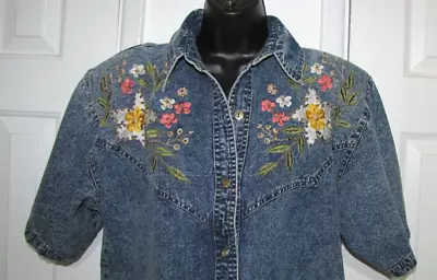 VTG Pretty Bleu 80's 90's Denim Acid Wash Bedazzled-flowers Button Women's Top M • £17.51