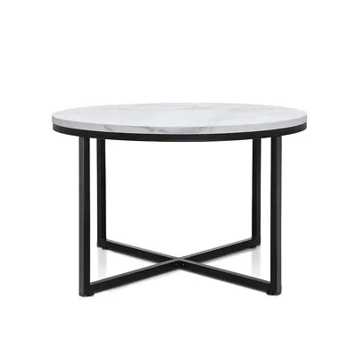 Artiss Coffee Table Round Side End Tables Bedside Marble Effect Black Metal 70cm • $79.95