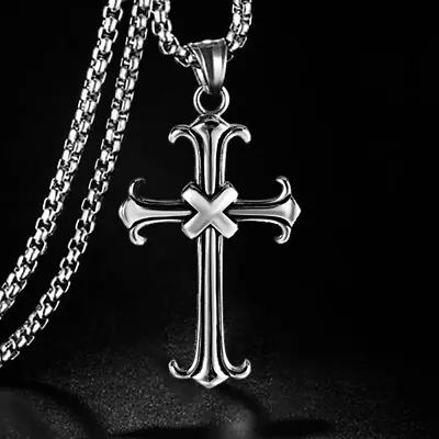 Mens Silver Cross Pendant Necklace Religious Christian Jewelry Box Chain 24  • $11.99