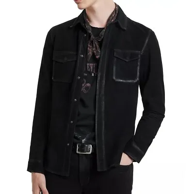 John Varvatos Collection Men's Izzy Suede Shirt Jacket 2 Pocket Snap Front Black • $298.12