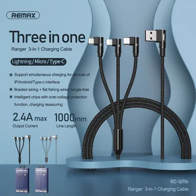 $9.95 • Buy 3 In 1 Charging Cable REMAX 90° Elbow For IPhone 13 12 Type-C Micro USB Android
