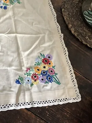 Vintage Embroidered Cream Table Linen Bright Florals  Crocheted Lace Edge 54x38 • £6