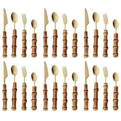 16/24PCS Creative Bamboo Handle Stainless Steel Tableware With Steak Flatware • $89.15
