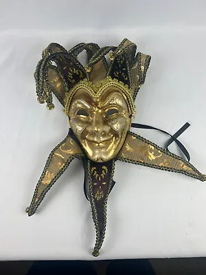 Harlequin Jester Masquerade Mardi Gras Paper Mache Resin Black Gold Mask  Decor • $64.99