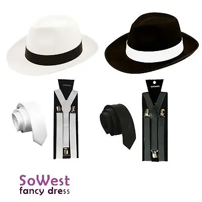 1920's GANGSTER MAFIA PIMP ADULT FANCY DRESS TIE HAT BRACES MENS OUTFIT • £8.69