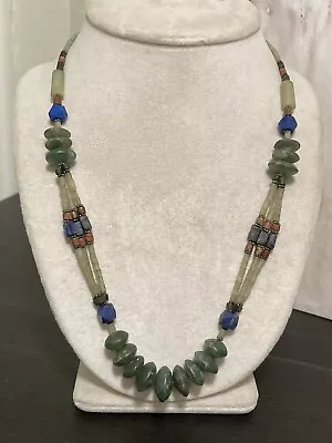 Carved Green Saucer Stone Blue Lapis Lazuli Beige Tube Beads 20” Ethnic Necklace • $4.99