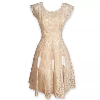 Vintage 1950s Womens Full Lace Cocktail Swing Dress Built In Slip Dress XS / 26  • $43