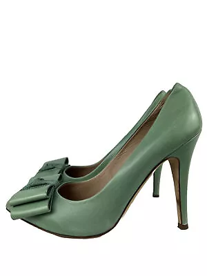 J Crew Viv Leather 4.5” Heels Mint Green Woman 6.5 Pointed Bow Toe • $75