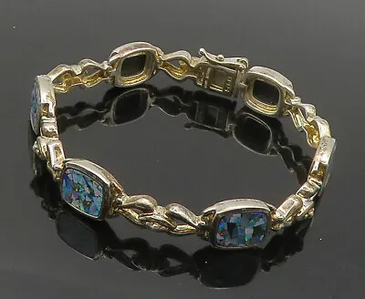 925 Sterling Silver - Vintage Inlaid Fire Opal Hinge Chain Bracelet - BT6478 • $99.97