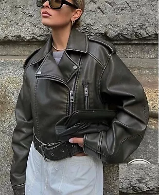 Zara Molly Mae 2024 Oversized Belted Khaki Charcoal Faux Leather Biker Jacket S • $17.05
