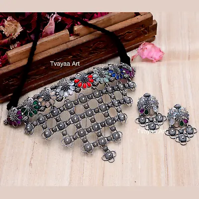 Indian Choker Necklace Set Silver Oxidized Ethnic Bollywood Style Jewelry • $52.99