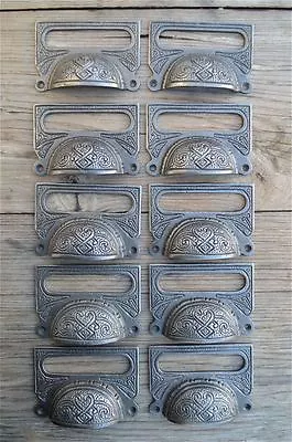 £41.79 • Buy A Set Of 10 Large Edwardian Cast Iron Label Frame Handle Filing Drawer Pull Cb10