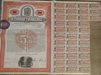 Mexico 1907 Republica Mexicana Ciudad Veracruz 100 Pesos Coupons Bond Loan Rare • $190