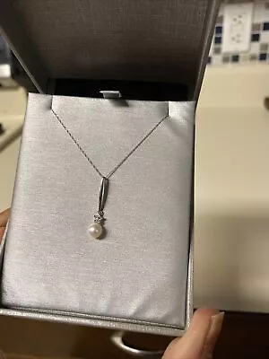 Zales Pearl And Diamond 10k White Gold Pendant 18” Chain • $165