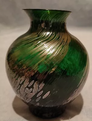 Vintage Caithness Emerald Green Silver Art Glass Vase Handcrafted Scotland • £20