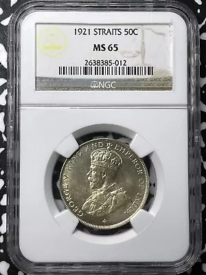 1921 Straits Settlements 50 Cents NGC MS65 Lot#G6683 Silver! Gem BU! • $250