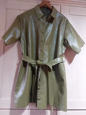 Nasty Gal Olive Green Shirt Dress Pvc Shiny Look.Size 14 • £4.99