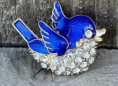 Vintage Blue Bird Crystal Glass Rhinestones Brooch Pin Enamel Bluebird Chick USA • $10.89