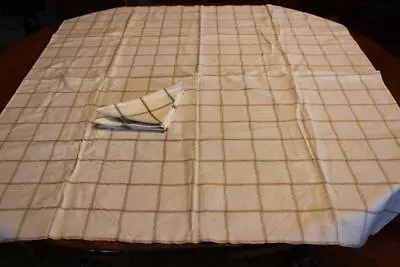 Vtg Cotton Woven White Tablecloth W/ Brown Lined Squares & 4 Napkins 44  X 47  • $7.99