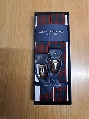 ALBERT THURSTON LONDON BRACES NEW Red Tartan Check BUTTONS CLIPS ADJUSTABLE Felt • £41.98