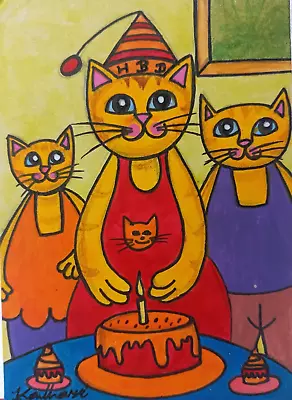 ACEO Modern Art Happy Birthday Kitty Cat Acrylic Painting Art Card Hand Paint • $4.99