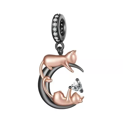 💖 Playful Cat Dangle Charm Pet Animal Genuine 925 Sterling Silver Black 💖 • £16.95