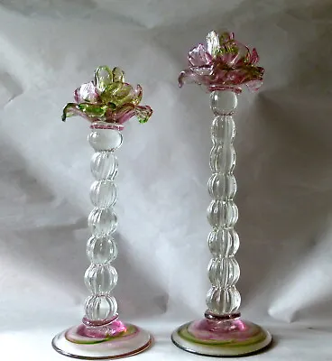 2 Vintage Venetian Blown Glass Floriform 14  Candlesticks W Pink Green Roses • $475