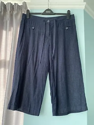 M&S Navy Blue Linen Blend Ladies Cropped Straight Leg Trousers Size 14 • £6