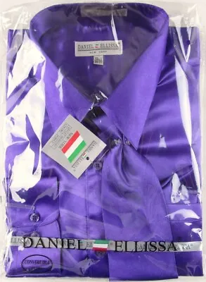 NWT Daniel Ellissa Men's Shiny Purple Satin Dress Shirt & Tie Set 17.5 (34/35) • $17.47