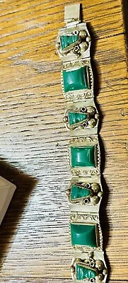 Vintage Carved Green Face Stone Silver Link Mexico Bracelet • $40