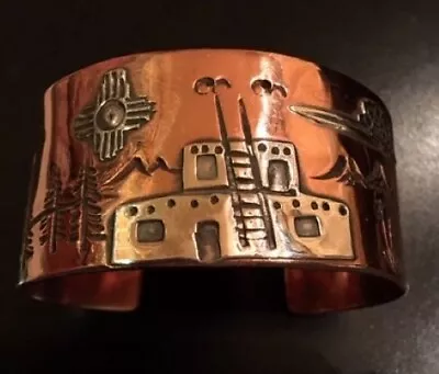 Navajo-Crafted Unisex Cuff Bracelet With Pueblo Scene 28041 • $67