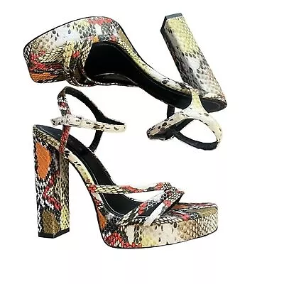 $64.99 • Buy Zara Brown/Multicolor Snake Print Platform Strap Sandal Heel Size 38