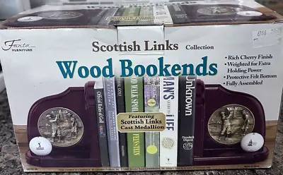 Fanta Furniture Scottish Links Cast Medallion Book Ends Golf Cherry Wood Heavy • $19.90