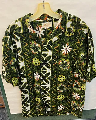 Vintage Ui Maikai Green Floral Print Cotton Polo Hawaiian Shirt • $75