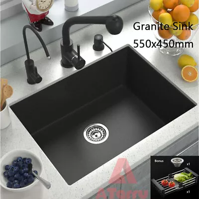 Granite Kitchen Sink Laundry Sinks Top Undermount Single Bowl Black 550x450mm • $209.90