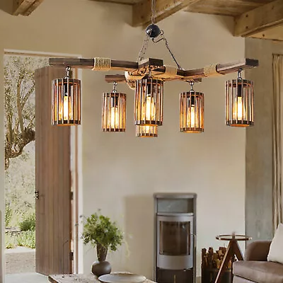 3 / 6-Light Wooden Chandelier Island Pendant Light Rustic Farmhouse Ceiling Lamp • $62.04