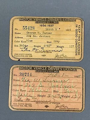 2 Vtg 1930s Motor Vehicle Driver's License Kansas City Missouri • $24.99
