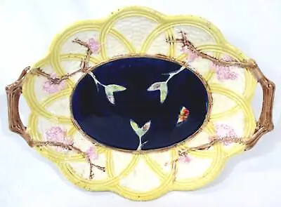 Antique Majolica Oval Twig Handled Serving Dish Apple Blossoms • $49.99